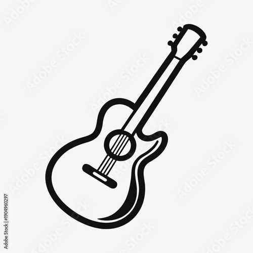 Stylized black outline of an acoustic guitar on a white background Keywords: guitar, acoustic, music, instrument, string, sound, melody