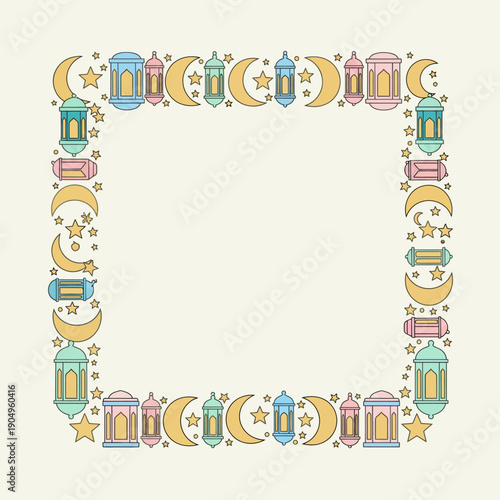 Cute flat vector Ramadan Kareem lantern and moon border with stars, a festive Islamic design