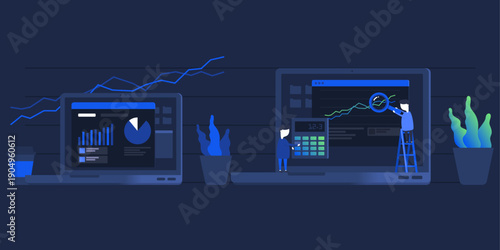 Deep Navy Business Analytics Illustration Human Figures Monitoring Dashboard and Active Audit Scene for Financial Forecasting