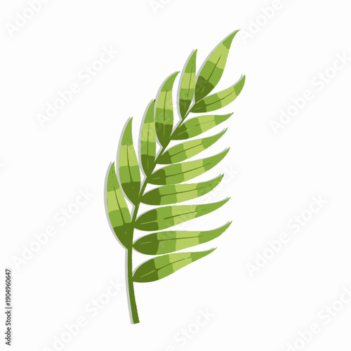 Detailed illustration of a single vibrant green leaf with a glossy texture on a white background, showing vein structure and leaf arrangement
