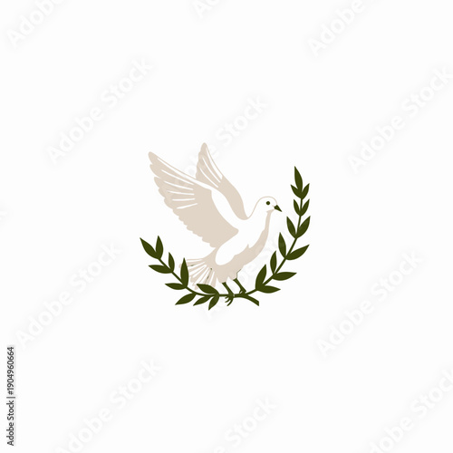 Graceful white dove gracefully soaring with olive branch symbolizing peace harmony and hope in minimalist art style on a pristine white background
