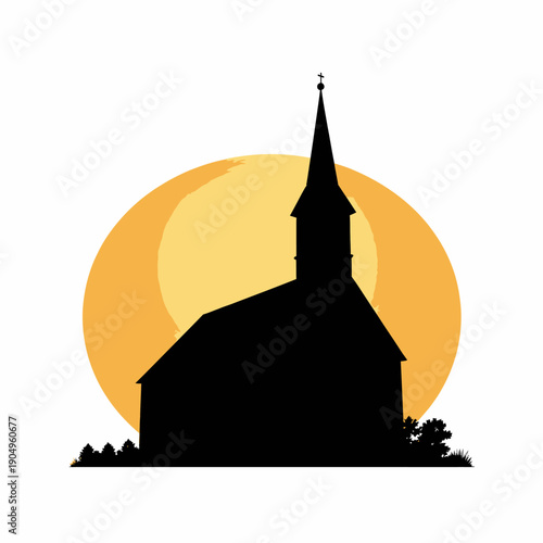 Silhouette of a Church Steeple Against a Vibrant Setting Sun Creating a Stunning Contrast with the Warm Colors of the Sky and Dark Horizon