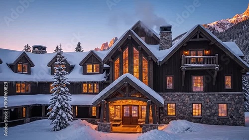 Cozy wooden lodge illuminated with warm lights nestled in a serene snowy mountain landscape at twilight.