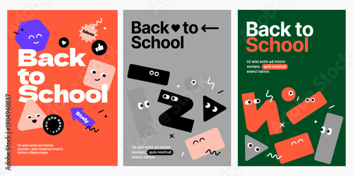 Anthropomorphic Character Geometry Poster Set Friendly Geometric Shapes with Expressive Eyes for Back to School and Onboarding Campaigns