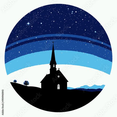 Silhouetted Church Steeple Under a Starry Night Sky Surrounded by Rolling Hills and Distant Mountains, Illuminated by the First Light of Dawn Breaking on the Horizon
