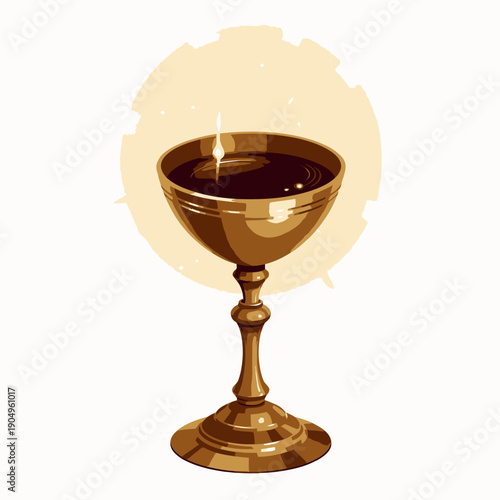Shining golden chalice filled with rich red wine emitting a radiant glow against a white background, symbolizing celebration, spirituality, and reverence