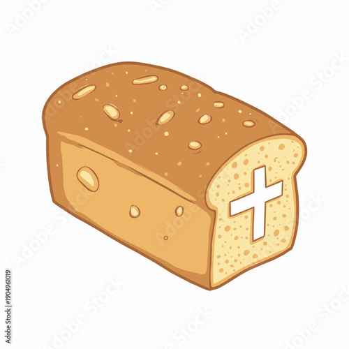 Illustration of a Loaf of Bread with a Unique Cutout Cross Design on Its Crust
