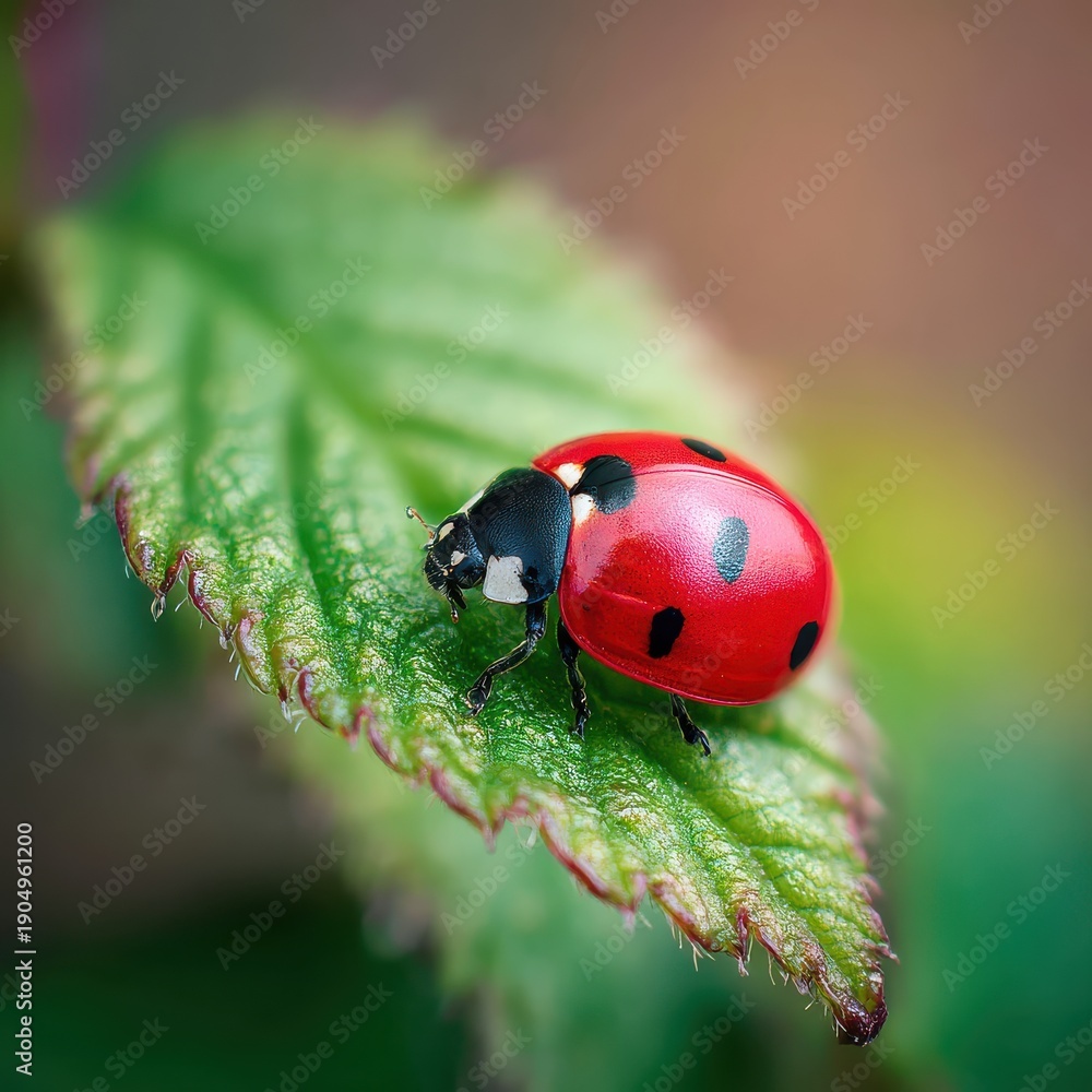 Fototapeta premium Close up of a ladybug on a green leaf, vivid red and green contrast, garden wildlife