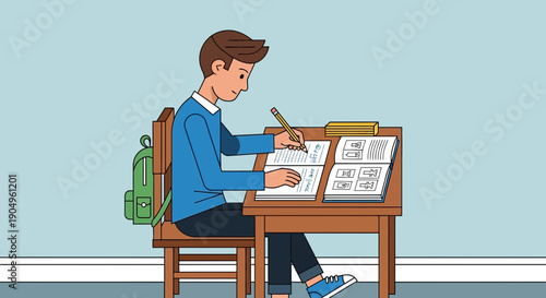 Boy diligently completing schoolwork at his desk with books and backpack.