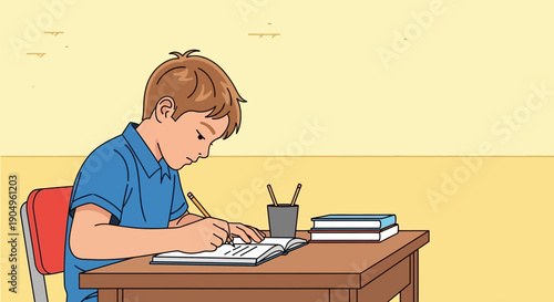 Boy diligently completing homework at desk with books and pencils.
