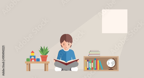 Boy engrossed in reading a book in a cozy room.