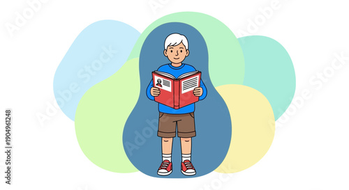 Boy engrossed in reading a captivating book standing upright.