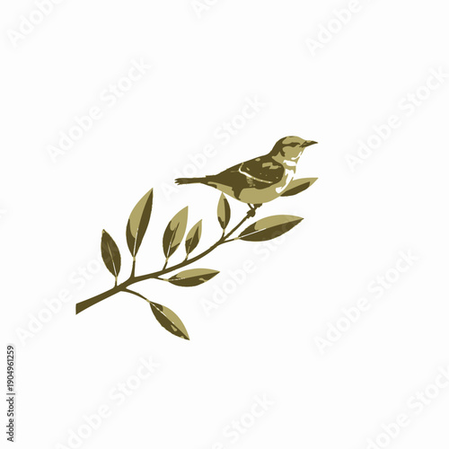 A Serene Illustration of a Small Bird Perched Gracefully on a Branch with Green Leaves Against a Clean White Background