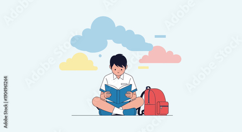 Boy Engrossed in Reading with Backpack and Dreamy Clouds Above.