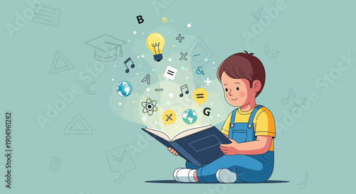 Boy Immersed in a Book with Symbols and Ideas Floating Around.