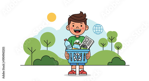 Boy Holding Recycling Bin with Paper and Plastic.