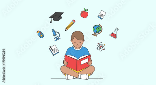 Boy immersed in reading with educational symbols floating around him.