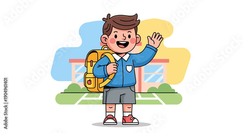 Cheerful Boy with Backpack Waving Goodbye Before School.