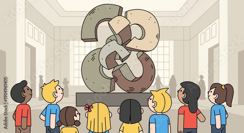 Children Admiring Abstract Sculpture in Art Museum.