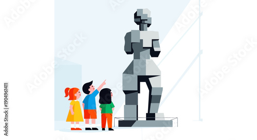 Children Admiring a Geometric Statue in an Art Gallery.