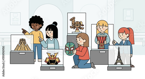 Children exploring artifacts in a museum exhibit.