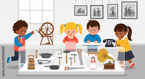 Children Exploring Historical Artifacts in a Museum Display.