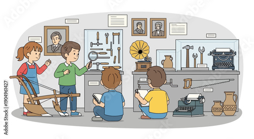 Children Exploring a Museum Exhibit with Historical Artifacts.