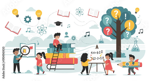 Children Learning and Exploring Knowledge with Books Ideas and Curiosity.