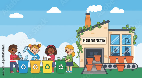 Children Recycling Plastic at Plant Pot Factory for Environmental Sustainability.