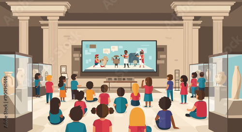 Children watching a presentation in a museum.