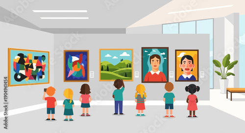 Childrens Art Gallery Visit A Group of Kids Admiring Paintings.