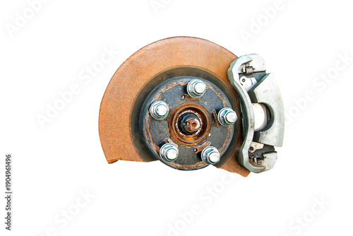 damaged and rusty brake disc isolate on white background.