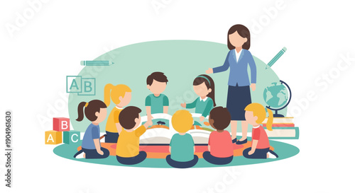 Engaging Classroom Scene Teacher and Young Students in Interactive Learning.