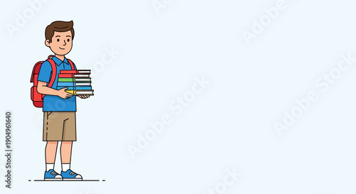 Illustration of a boy carrying a stack of books with a backpack.