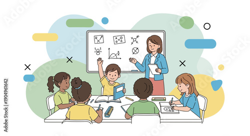 Engaging Classroom Scene Teacher Instructing Students with Raised Hands and Active Learning.