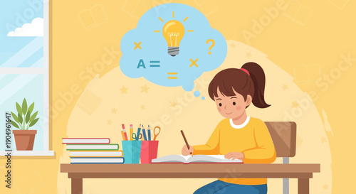 Girl studying at desk with lightbulb idea focused on learning and education.