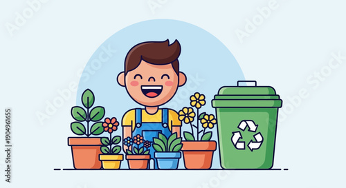 Happy Boy Gardening with Flowers and Recycling Bin Illustration.
