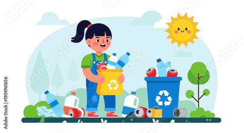 Girl Recycling Plastic Bottles to Save the Environment.