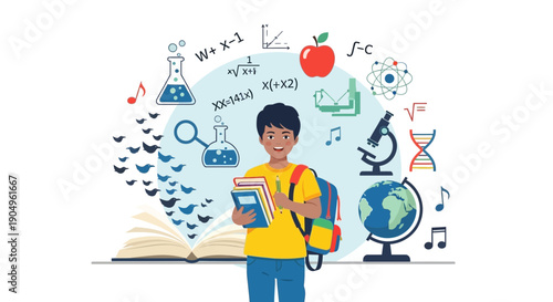 Enthusiastic Student Ready for Learning with Books and Backpack.