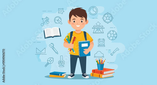 Illustration of a Cheerful Schoolboy with Books and School Supplies.