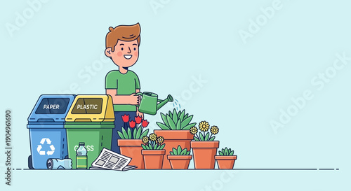 Man Watering Plants Beside Recycling Bins Illustration.