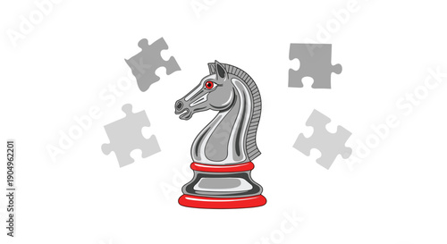 Majestic silver chess knight with piercing red eyes stands firmly, surrounded by floating, disassembled grey puzzle pieces, symbolizing strategic thinking and complex challenges.