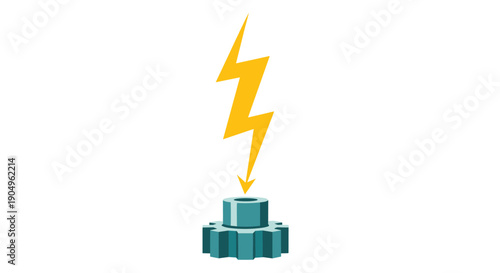 Striking yellow lightning bolt powerfully connecting with a vibrant gear, vividly representing raw energy, dynamic power, and the spark of innovation.