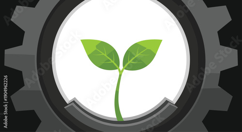 Vibrant green sprout flourishing within a sturdy gear, beautifully symbolizing ecological growth, sustainable innovation, and the integration of nature with industry.