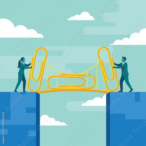 Business professionals collaborate to build a sturdy bridge made of giant paperclips across a challenging chasm, symbolizing connectivity and innovative problem-solving.