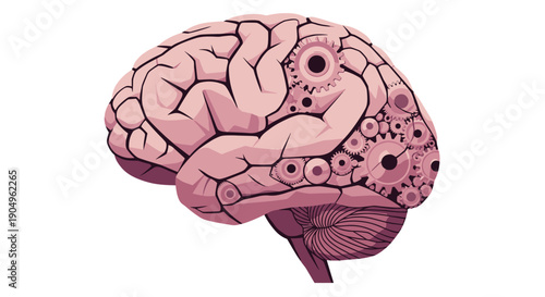 Intricate human brain creatively integrated with mechanical gears on one side, symbolizing the complex interplay of thought, artificial intelligence, and cognitive processes.