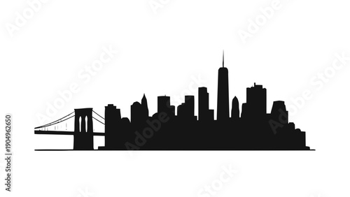 Vector illustration of modern metropolitan city skyline silhouette with landmark bridge, on transparent background
