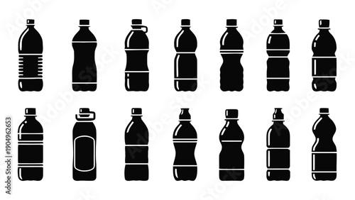 Vector illustration of a diverse collection of plastic bottle silhouettes for various liquids, on transparent background