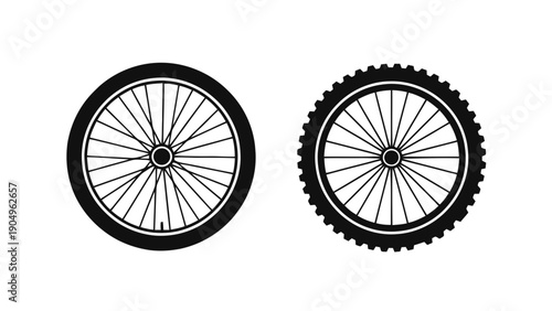 Vector illustration of two different bicycle wheels, road and mountain bike designs, on transparent background