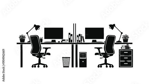 Vector illustration of a modern office workspace with computers and chairs, on transparent background